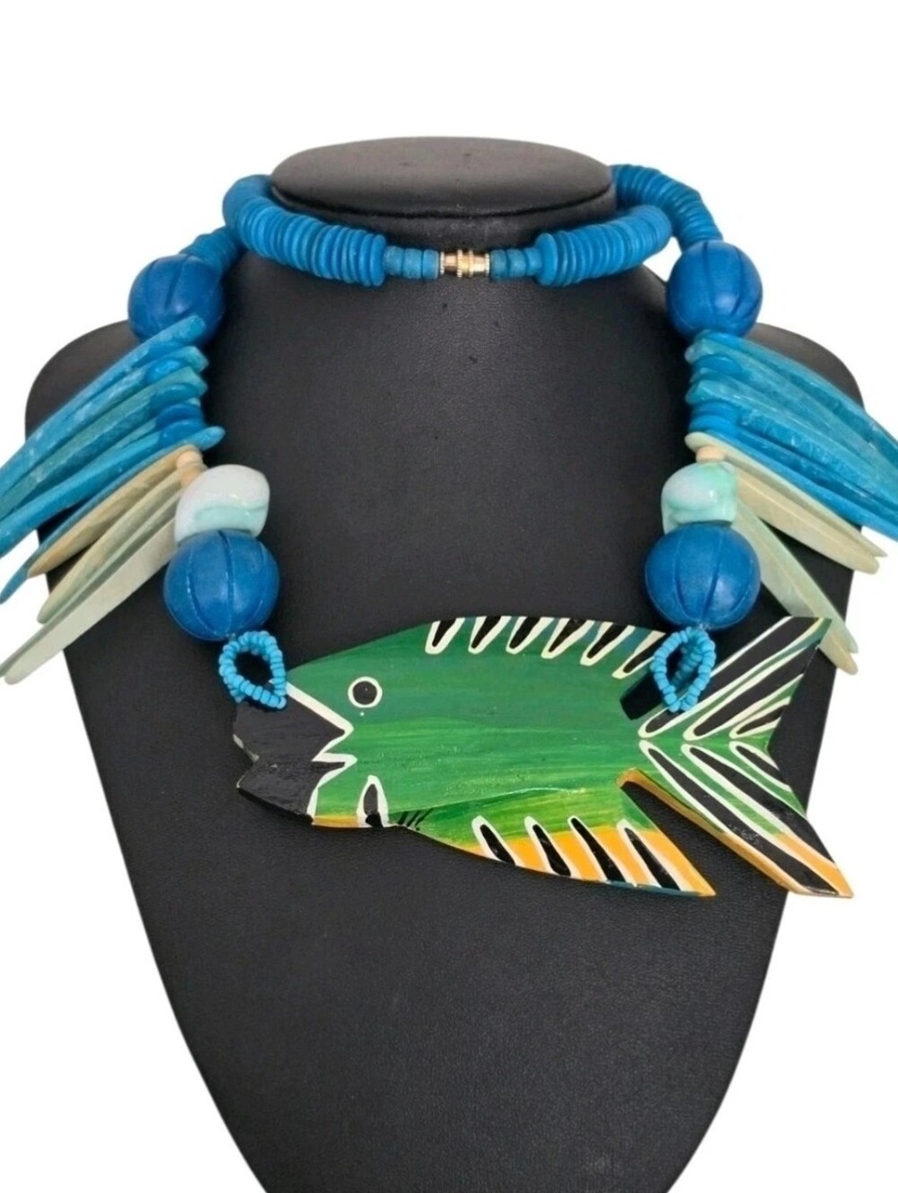 Vintage Wooden Beaded Tropical Fish Statement Necklace Blue Green Hand Painted